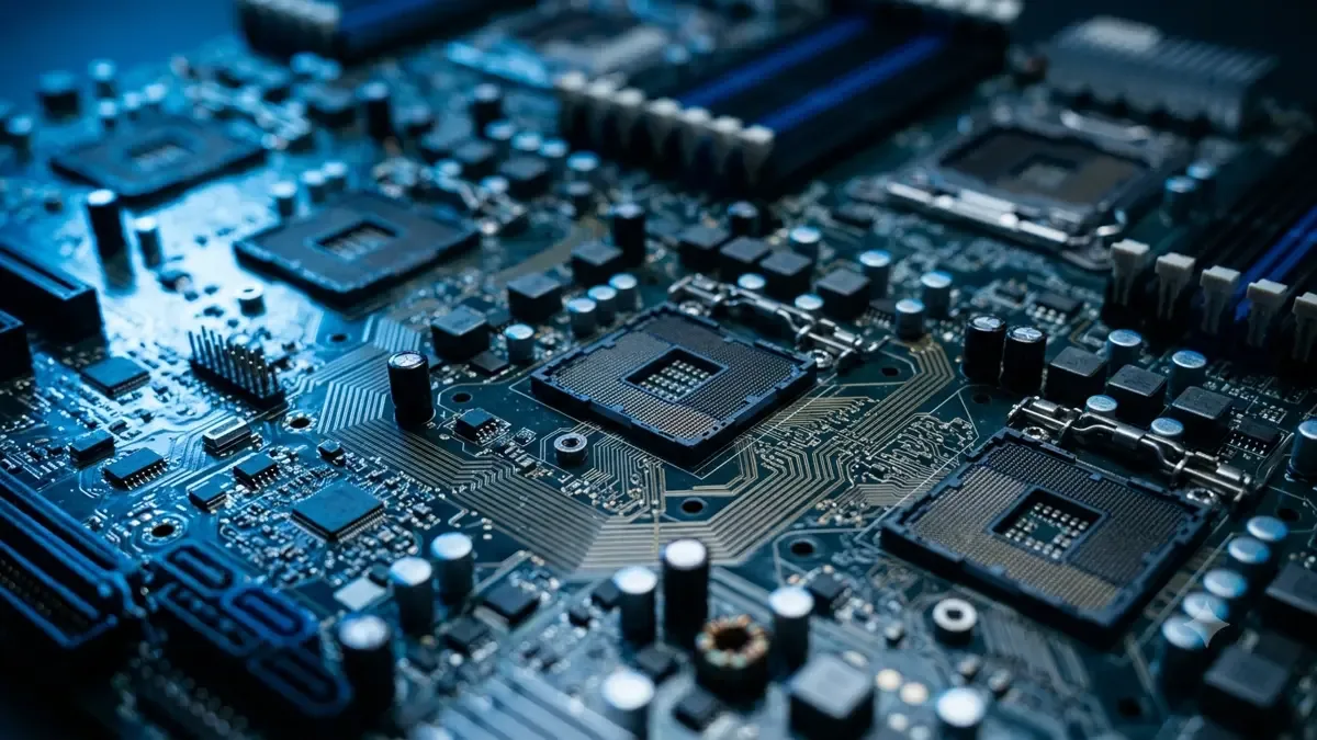 Detalle macro de una placa madre con zocalos y capacitores