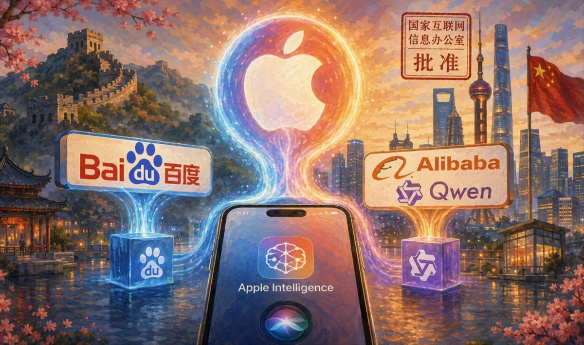 Logo de Apple Intelligence junto a íconos de Baidu, Alibaba y un iPhone en fondo rojo chino