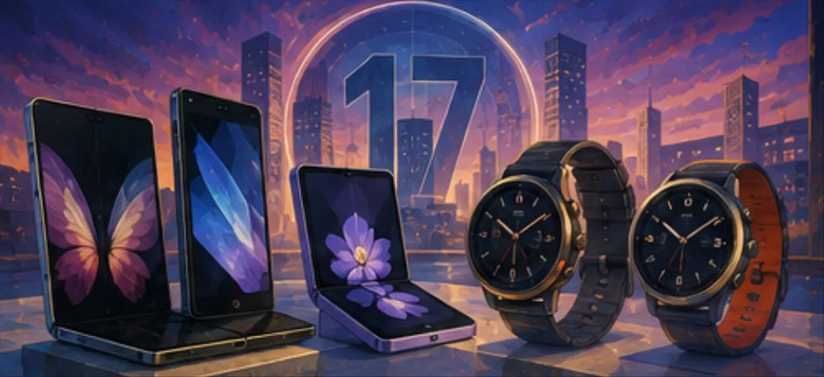Dispositivos Samsung Galaxy Z Fold 8 y Z Flip 8 plegados junto a los nuevos Galaxy Watch Ultra 2 y Watch 9