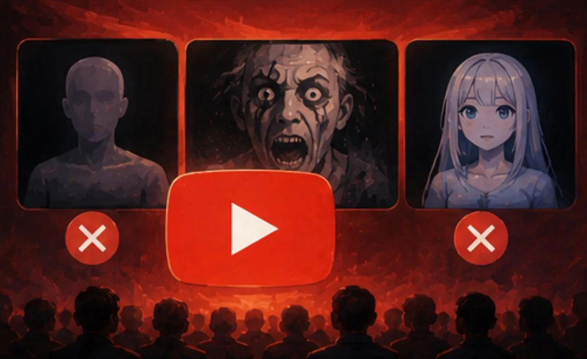 Pantalla de YouTube con íconos de IA y símbolo de prohibición en fondo oscuro